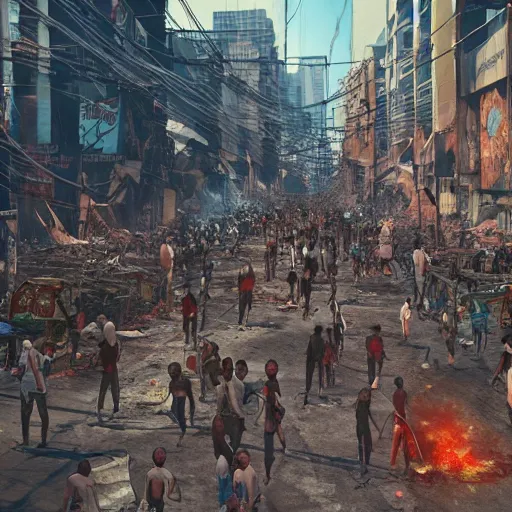 Prompt: crowded streets of manila turned hell filled with poverty, beggars and crime, demonic, hell, burning, suffering, depressing image, unreal engine, artstation hd