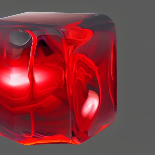 Prompt: transparent cube half filled with turbulent red liquid inside in a transparent twisted sphere