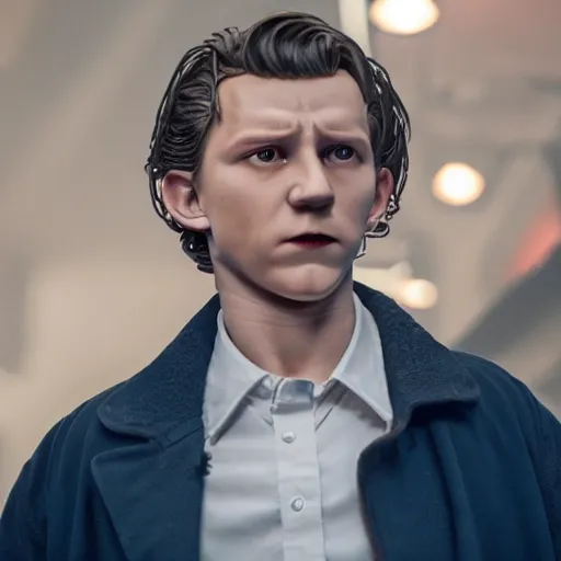 Image similar to tom holland as a rough dirty old man with a scruffy beard in a dark blue trenchcoat as the new doctor who, cinematic, volumetric lighting, f 8 aperture, cinematic eastman 5 3 8 4 film, photorealistic