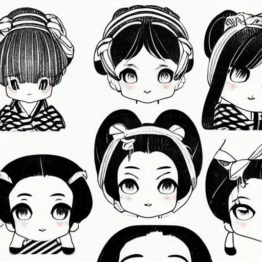 Image similar to beautiful line art of the face detailing cute nendoroid girl in the style of ukiyoe, toon rendering, close-up, flat, flat tone, unshaded, flat shading