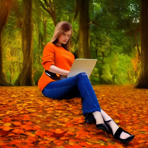 Prompt: a stunninfly beautiful robotically enhanced woman sitting in an orange forest in autumn, grass, leaves, reflective skin, bare feet in grass, digital, shaded, digital art, low angle