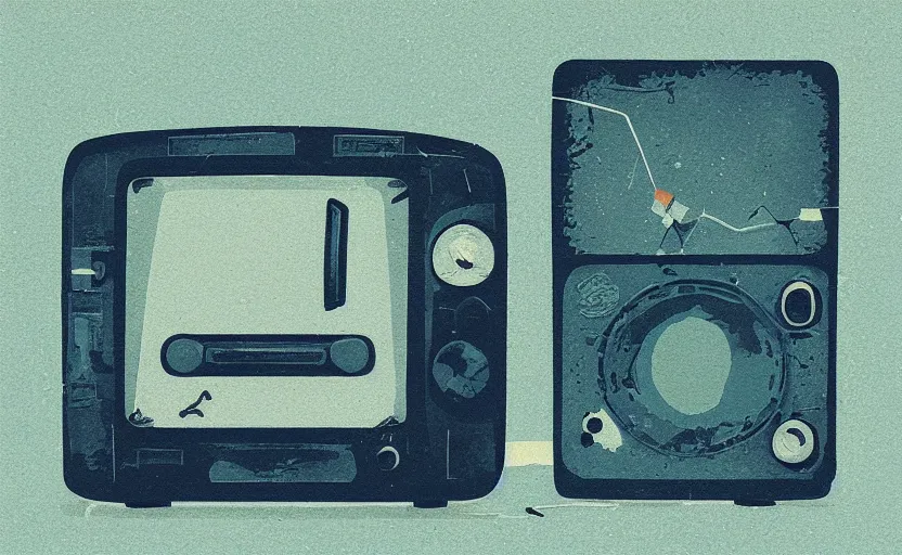 Prompt: old broken hand radio, james gilleard, print, game art