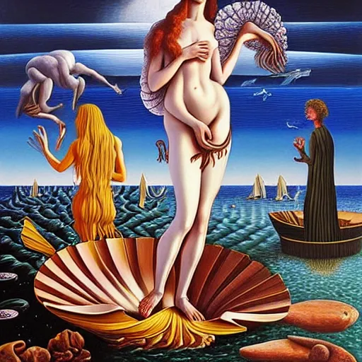 Image similar to THE BIRTH OF VENUS by jacek yerka, alex gray, zdzisław beksiński, dariusz zawadzki, jeffrey smith and h.r. giger, oil on canvas, 8k highly professionally detailed, trending on artstation