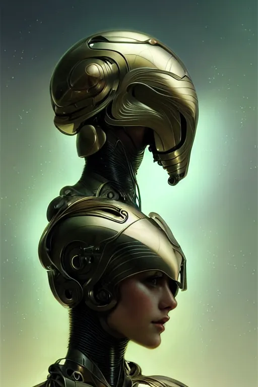 Image similar to organic cyborg female in helmet diffuse lighting, fantasy, intricate, elegant, highly detailed, lifelike, photorealistic, digital painting, artstation, illustration, concept art, smooth, sharp focus, art by john collier and albert aublet and krenz cushart and artem demura and alphonse mucha