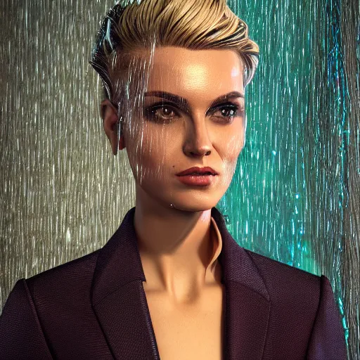 Image similar to stylish woman cartoon portrait made out of rain, pinstripe suit, short blond hair, galactic background, rendered in octane, unreal engine, highly detailed, trending on artstation, realistic, neon, beautiful