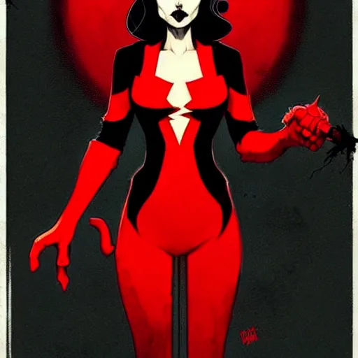 Image similar to rafael albuquerque comic art, peter mohrbacher, phil noto, artgerm, pretty evil elizabeth olson witch, black and red dress, symmetrical eyes