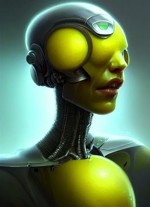 Image similar to anthromorphic lemon cyborg, diffuse lighting, fantasy, highly detailed, photorealistic, digital painting, artstation, illustration, concept art, smooth, sharp focus, in the style of tom bagshaw