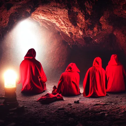 Image similar to A group of red hooded cultist in a cave, being back lit by a lantern. Dark, ambient, eldritch, 8k, hyper realistic.