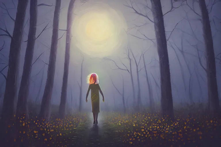 Image similar to giant sunflower head, girl walking in a moonlit forest, hills, surreal photography, dark night, star trails, dramatic light, impressionist painting, clouds, digital painting, artstation, simon stalenhag