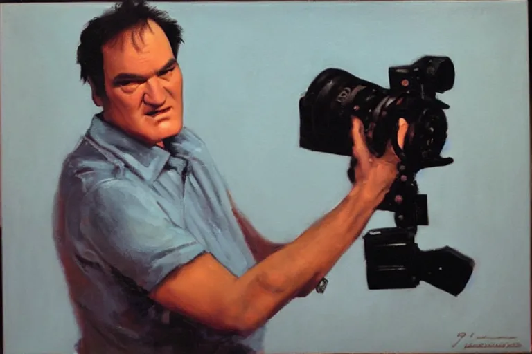 Image similar to Quentin tarantino holding a 16 mm camera, oil painting