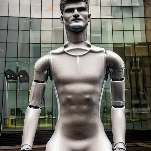 Image similar to a realistic detailed photo of a guy who is an attractive humanoid who is half robot and half humanoid, who is a male android, soccer player timo werner, shiny skin, posing like a statue, blank stare, by the pool, on display, showing off his muscles, humanoid robot, frozen ice statue, made of ice