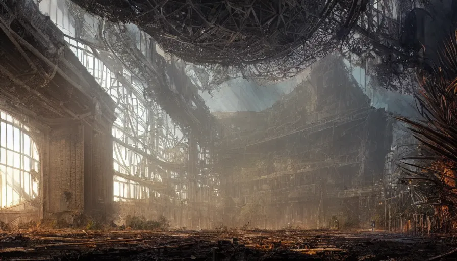 Prompt: Intricate detailed illustration, abandoned coal power station being reclaimed by the jungle, cinematic lighting, by Sparth and Greg Rutkowski, wide angle, volumetric light scattering, 8k, artstation, concept art,