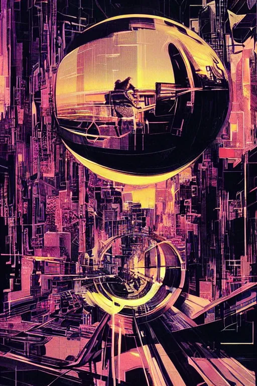 Prompt: fisheye, a silhouette of a woman lost in tensor fields cityscape, madness, decoherence, synthwave, glitch!!, fracture, realistic, hyperdetailed, concept art, golden hour, art by syd mead, cubism