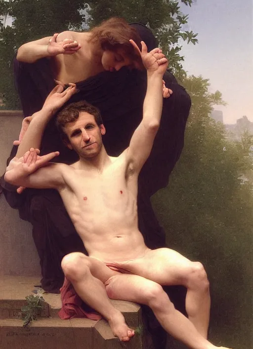 Image similar to Emmanuel Macron In the style of william adolphe bouguereau, Barefoot