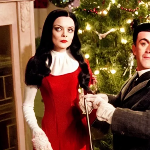 Prompt: An Hallmark movie about the Addams family. Mortician and Gomez trim a Christmas tree. Cinematic, technicolor, crisp