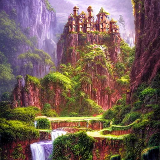 Prompt: rainforest castle on the mountain of magic, artstation, digital art, Darrell K Sweet