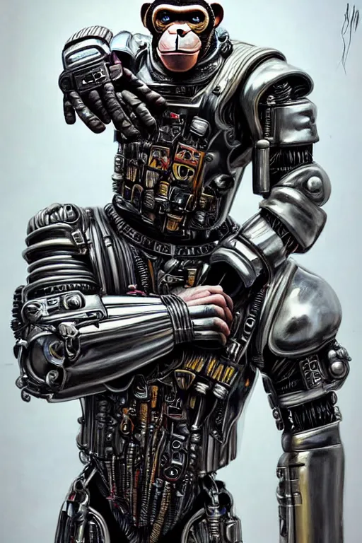 Image similar to a portrait of a muscular anthropomorphic cyberpunk chimp in spacesuit armor with ensignia on chest plate by sandra chevrier, by jon foster, detailed render, pistol in holster, extremely hyperdetailed, tape deck, epic composition, cybernetics, 4 k realistic, cryengine, realistic shaded lighting, sharp focus, masterpiece, by enki bilal