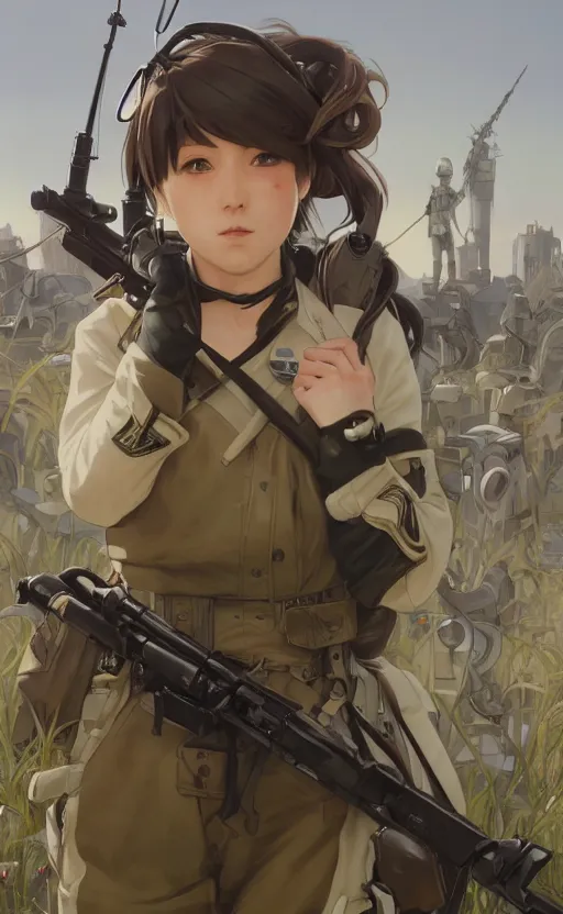 Prompt: panoramic view, a pilot girl, soldier clothing, battlefield in background, anime style, hair down, symmetrical facial features, from arknights, hyper realistic, 4 k, extreme detail, d & d, trending artstation, safebooru, realistic lighting, by alphonse mucha, greg rutkowski, sharp focus