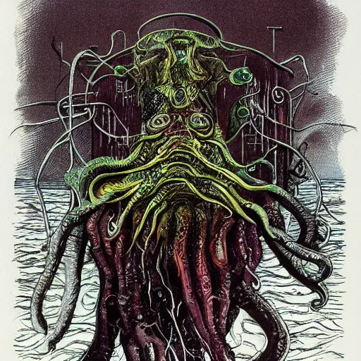 Image similar to graphic illustration, creative design, cthulhu, biopunk, by ralph steadman, francis bacon, hunter s thompson, highly detailed, concept art