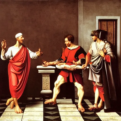 Prompt: Julius Caesar ordering pizza during Roman Times by Caravaggio