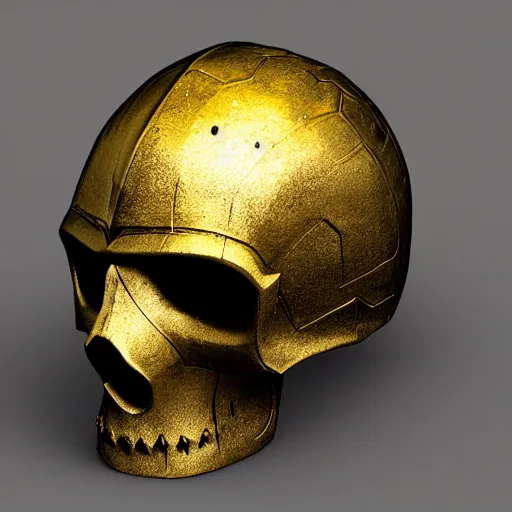 Image similar to 3d render of gold skull knight helmet, hyper realistic, unreal, craig mullins, alex boyd, lord of the rings, game of thrones, dark souls, artstation, warhammer, unreal