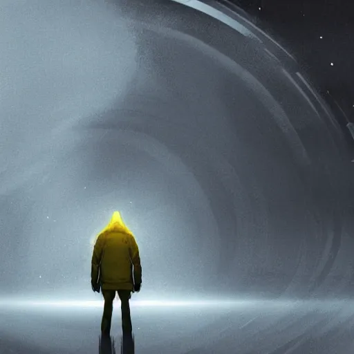 Image similar to award - winning. trending on artstation. 4 k. eerie tone. a figure wearing a layered yellow padded coat standing in front of a black hole in space. dark background. in the style of cedric peyravernay. full - body