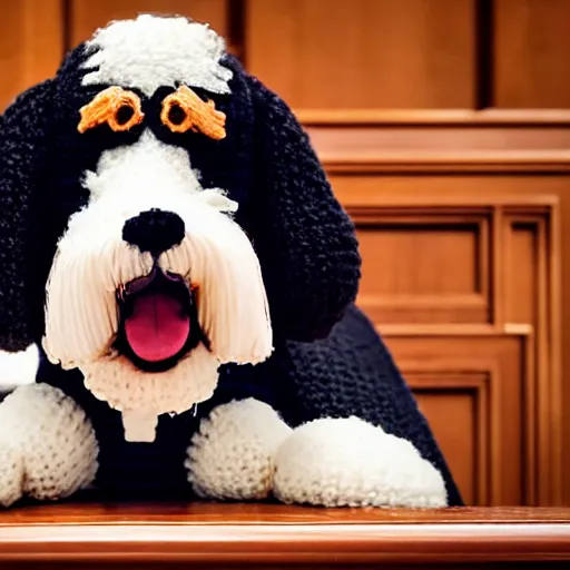 Image similar to a closeup photorealistic photograph of a cute smiling knitted bernedoodle judge dog dressed in a black gown, presiding over the courthouse. indoors, professional capture, well lit shot. this 4 k hd image is trending on artstation, featured on behance, well - rendered, extra crisp, features intricate detail, epic composition and the style of unreal engine.