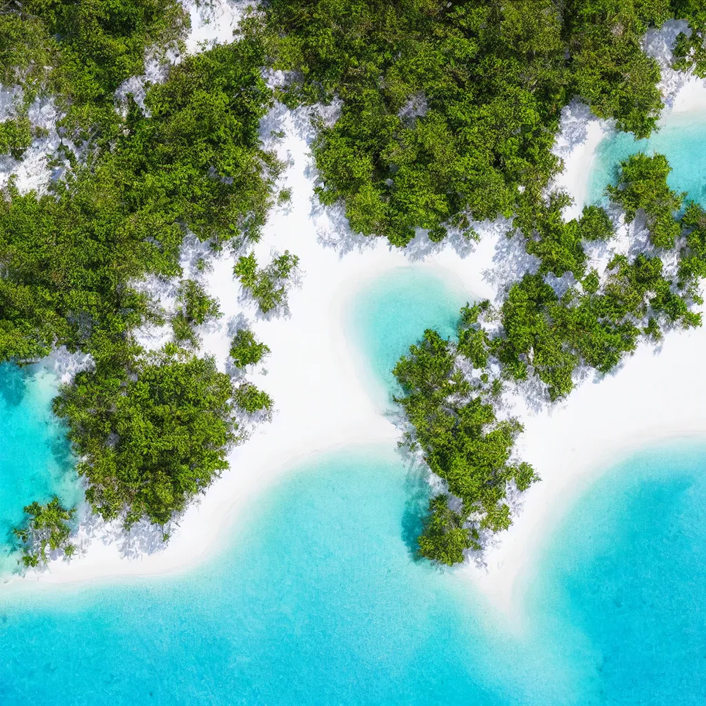 Image similar to top down view of a tropical beach with white sand, 8 k, high detail, photorealistic, proper shading