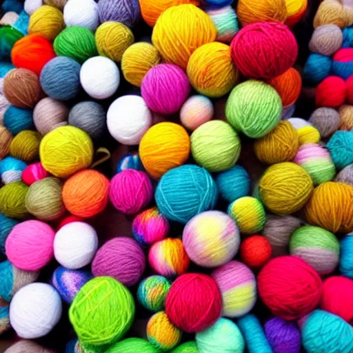 Image similar to getting lost in a yarn store when you are 1cm tall, yarn balls falling everywhere, beautiful katamari, honey we shrink the kids, bright colourful yarn balls, illustrative style