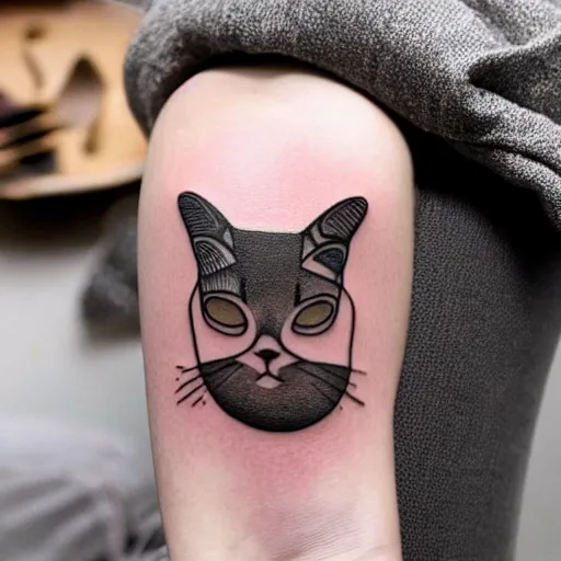 Image similar to a geometric style tattoo of a siamese cat sleeping in a bowl of ramen