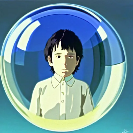 Image similar to hyperrealist, studio ghibli dull colors portrait from close encounters of the third kind 1 9 7 7 of a young scientist standing in a bubble temple.