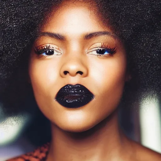 Prompt: close up of face of a black fashion model with large afro, editorial of vogue magazine, highly detailed