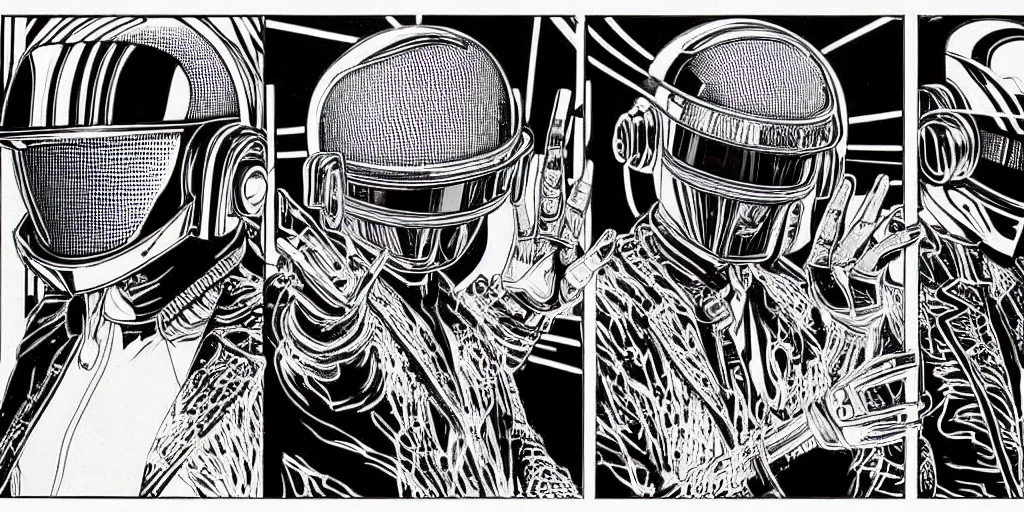 Image similar to intricate detailed artwork of Daft Punk using dj controller at an underground warehouse rave in Ibiza playing techno house music, housands of beautiful gorgeous female dancing in bikini, in the style of Moebius, wires, speakers, black and white ink, some ink drips