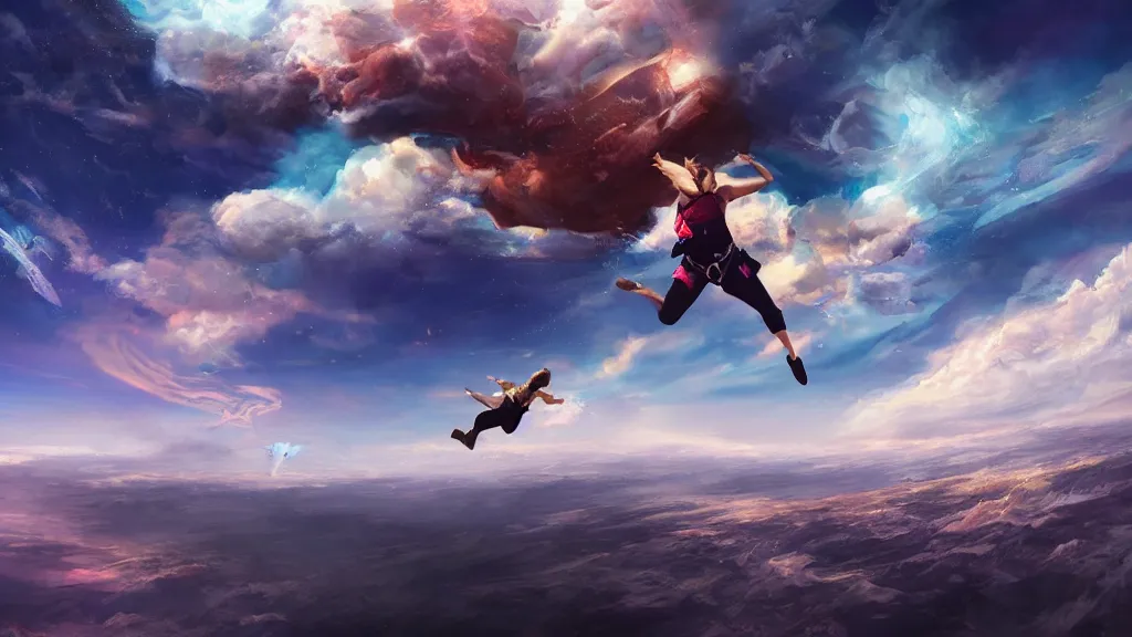 Image similar to a stunning wide angle view a woman jumping from a cliff into space, highly detailed clouds, artistic composition, sharp focus, intricate concept art, digital painting, colorful flat surreal design, hd, 8 k, artstation, ambient lighting