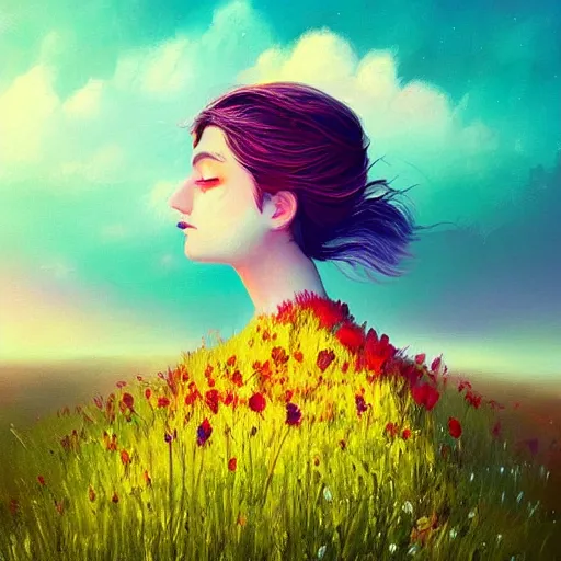 Image similar to girl with a singular flower for a head, surreal photography, dream, standing in flower field, magical, in a valley, sunrise dramatic light, impressionist painting, colorful clouds, artstation, simon stalenhag, flower face