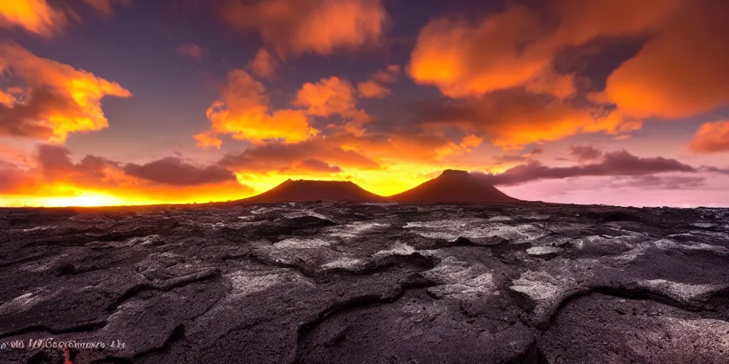 Prompt: award winning photo of Hawaii volcanic landscape, golden hour, by Peter Lik,