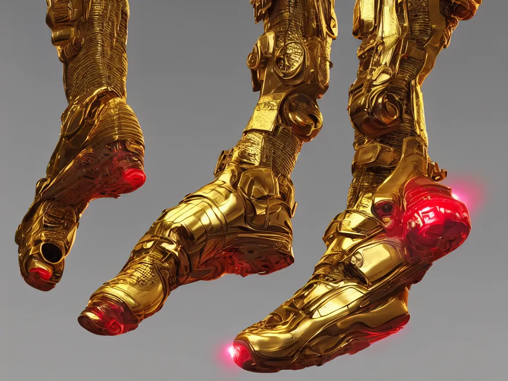 Image similar to realistic 3 d render of a sculpture of a cyberpunk android foot wearing sneakers, beautiful studio lighting, soft, sharp focus, neon cyberpunk highlights, intricate detail, gold and red accents, soft rubber, octane render, side view, trending on artstation, deviantart, art by syd mead and issey miyake