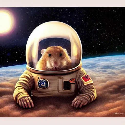 Image similar to hamster, wearing an cosmonaut helmet, russian cosmonaut, on the moon, art by artgerm and david a hardy