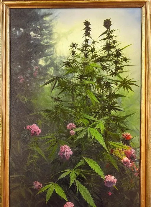 Prompt: oil painting by anders zorn, nature, bush, marijuana flowers, cannabis leaves with backlight