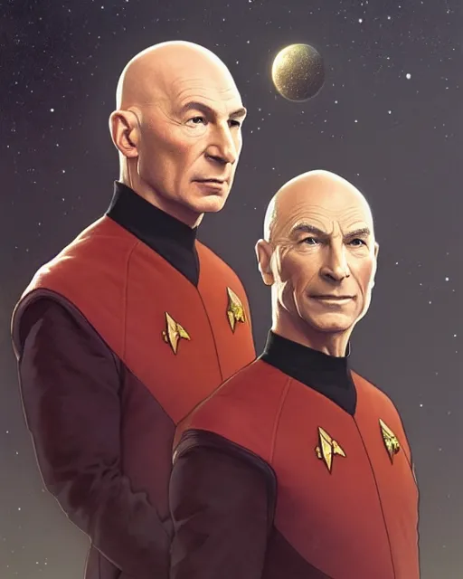 Image similar to Portrait of Jean Luc Picard & Kirk wearing spacesuits, real life skin, intricate, elegant, highly detailed, artstation, concept art, smooth, sharp focus, art by artgerm and greg rutkowski and alphonse mucha