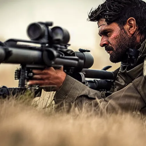 Image similar to kurdish ypg sniper in a movie directed by christopher nolan, movie still frame, promotional image, imax 7 0 mm footage, 8 k uhd