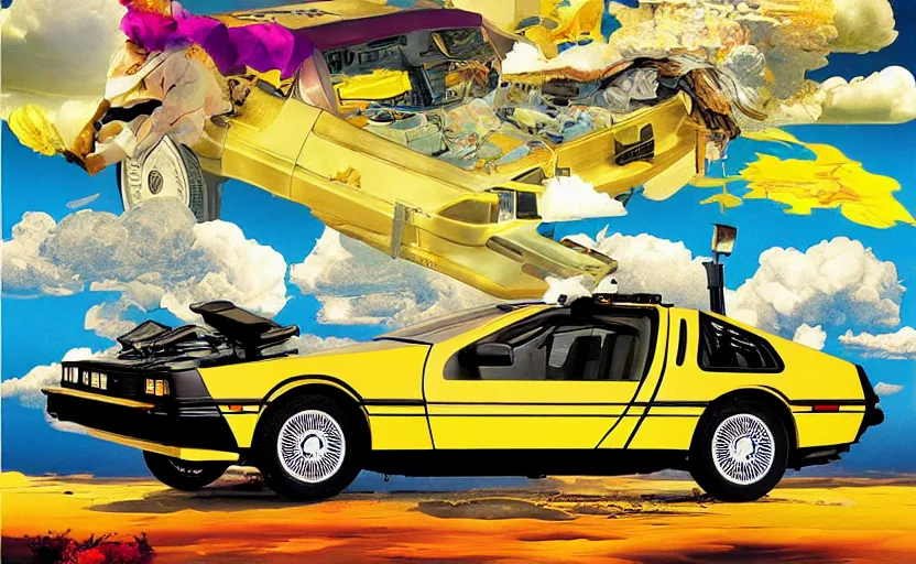 Prompt: a yellow delorean in the clouds, golden hour, african, colourful art by salvador dali, hsiao - ron cheng & utagawa kunisada, magazine collage,