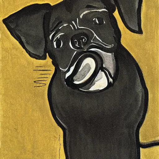 Prompt: a small black dog with big ears drinking beer by charles e. burchfield