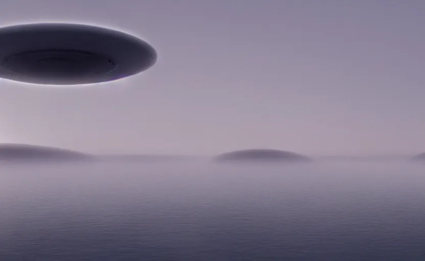 Prompt: a strange lake directed by charlie kaufman ( 2 0 0 1 ) anamorphic lenses, a ufo flying saucer in the sky above, foggy volumetric light morning, a beam of light from the heavens, cinematic trending on artstation in the style of greg rutkowski