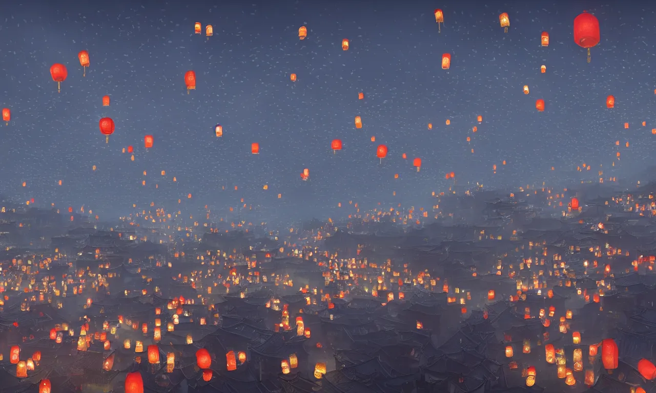 Prompt: A Chinese Tang Dynasty Chang'an City night scene of the original game concept scenes, thousands of Kongming lanterns flying into the sky, ultra-wide angle, magnificent atmosphere, super wide angle, magnificent and gorgeous atmosphere，rtx on，by Jordan Grimmer and Jonas De Ro, trending on cgsociety and artstation, unreal engine，Volumetric light，surreal