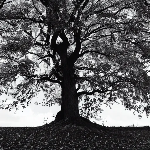 Prompt: a black and white photograph of a tree with blue leaves growing on it.