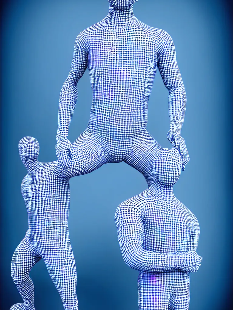 Image similar to a fine art photograph formal self sculpture by the artist kelbv, in realistic style with tubes neatly navigating the contours of his body, and disjoint body pumped full with blue and white gingham ellipsoids, perfect studio lighting.