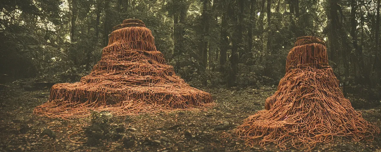 Image similar to an ancient aztec temple in the middle of the forest covered in spaghetti, canon 5 0 mm, cinematic lighting, photography, retro, film, kodachrome