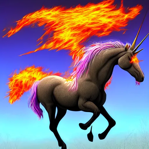 Image similar to a flaming unicorn digital art