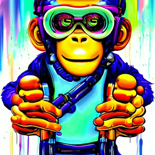 Prompt: cyberpunk excited young monkey underwater, sparkly, colorful, cyberpunk digital painting